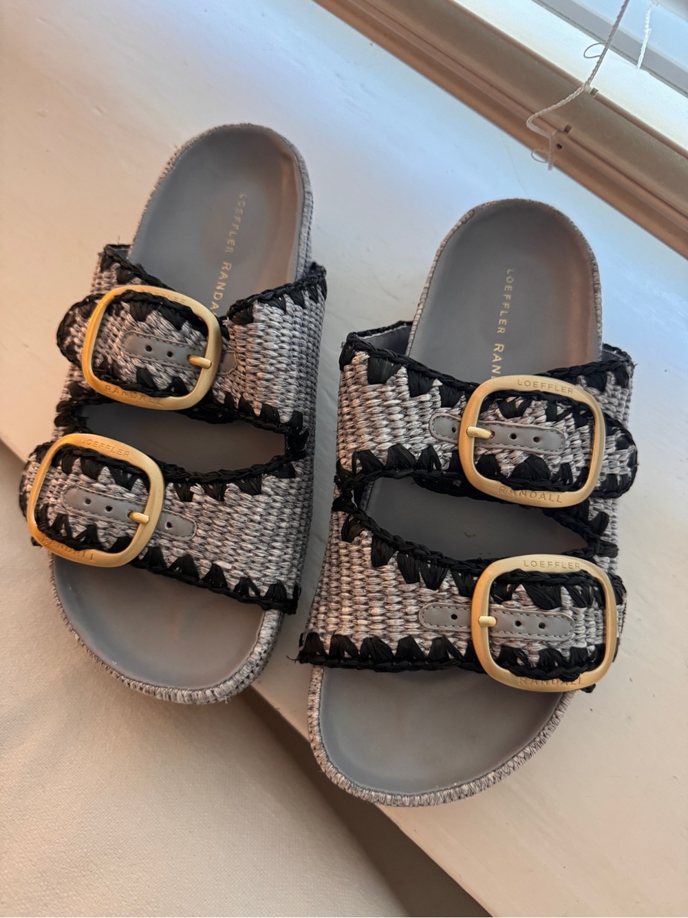 Loeffler Randall women’s Gold-Buckle blue Woven Slide Sandals